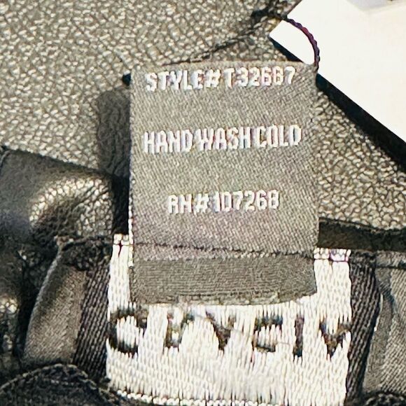 GRACIA Faux Leather Ruffled Sleeve Top In Black Studded Neckline Size Small NWT - Picture 10 of 11